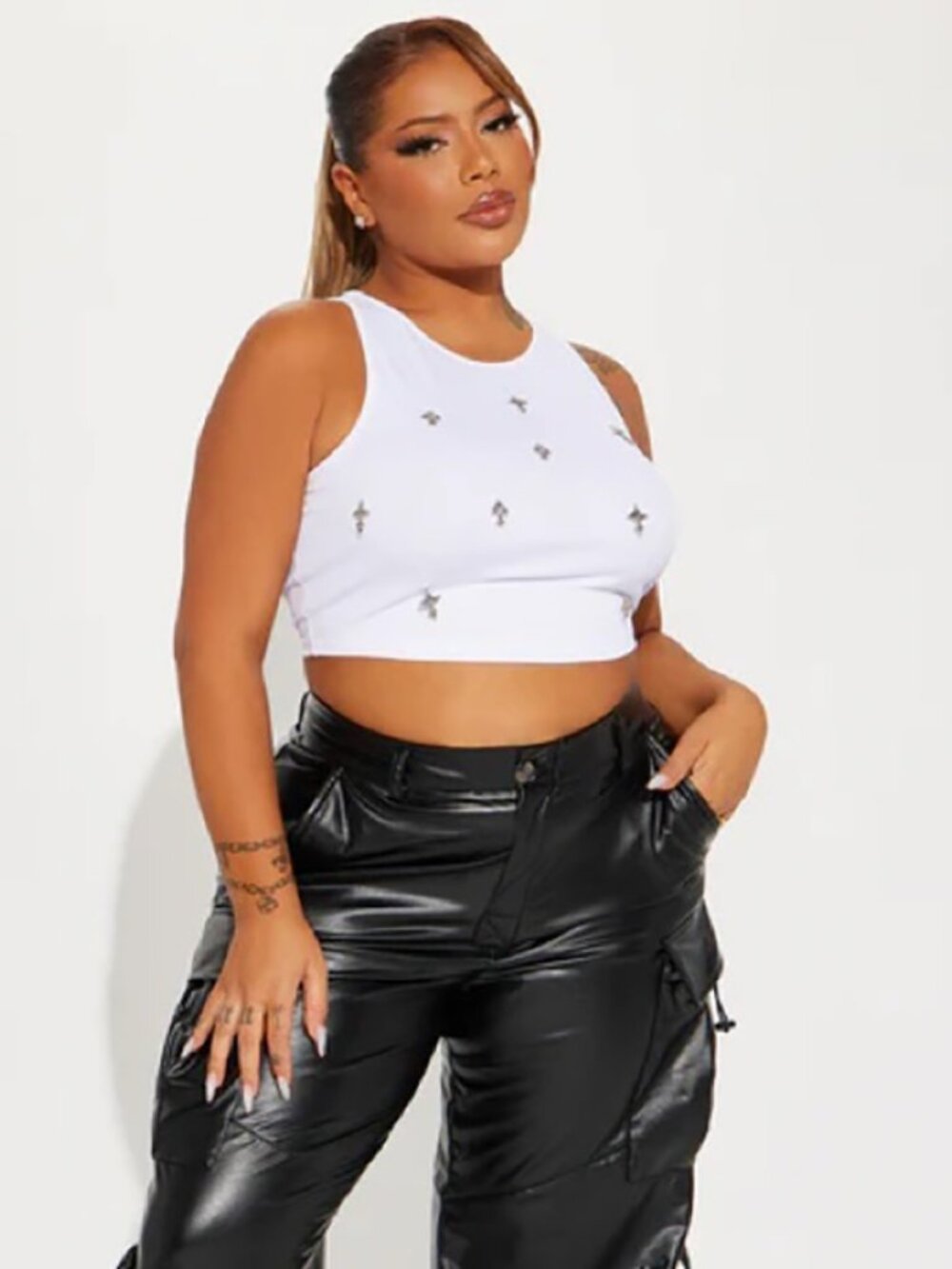 Fashion Nova Cross Charm Tank Top - White Ribbed Shirt with Silver Charms - Picture 5 of 6